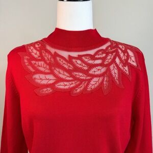 LEO & UGO Red Mock Neck Sweater Sheer Lace Panel Holiday Women's XL